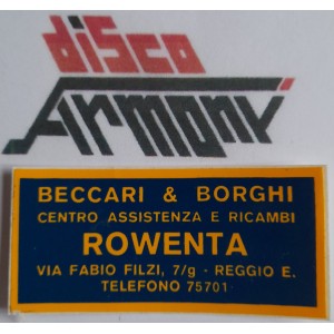 BECCARI & BORGHI  Centro  Assistenza.  ROWENTA   Adesivo  NUOVO   7,0  X 3,5   cm