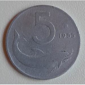 Moneta  da Lire 5  del 1955 - REPUBBLICA ITALIANA  ( Delfino   /  Circolata)