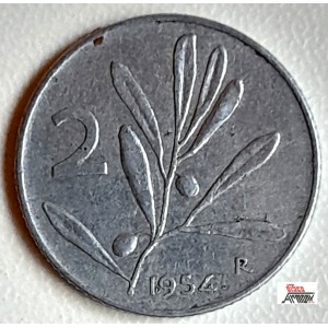 Moneta  da Lire 2 del 1954 - REPUBBLICA ITALIANA  ( Ulivo  /  Ape Circolata)