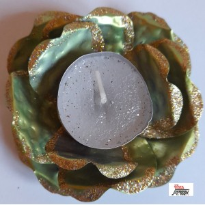 PORTA TEALIGHT  a  FIORE in metallo  con  glitter  e candela    ( Usato)